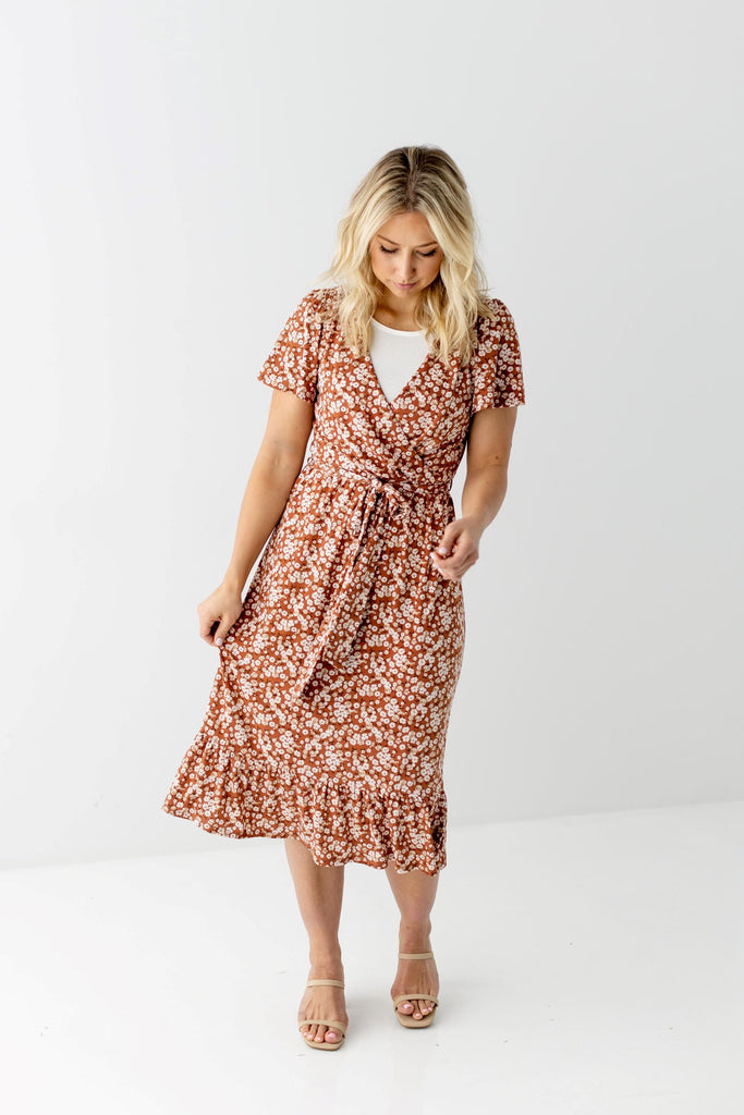 Corinne' Faux Wrap Midi Dress in Copper Floral – The Main Street Exchange